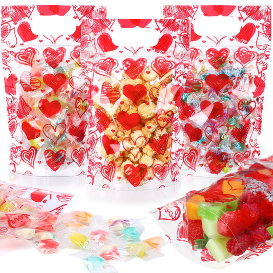 Blosssound 50 Pcs Valentines Day Gift Bags Resealable Valentines Love Plastic Bags Valentines Party Favor Bags with Handle for Valentines Wedding Party Candy Gift Wrapping Supplies Decor (Love)