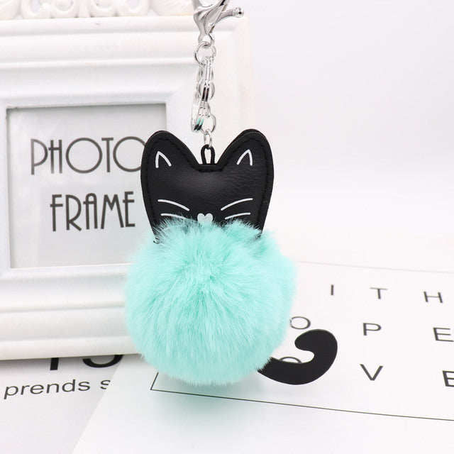 Cute Black Kitten Keychain with Rabbit Hairball Pendant