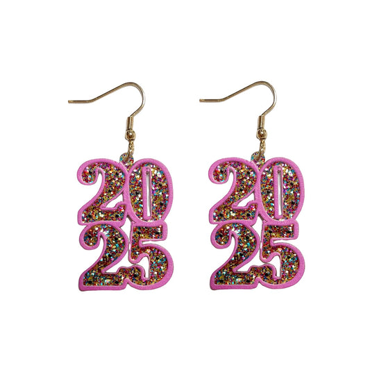 Colorful Shiny Glitter Acrylic 2025 Letter Dangle Earrings Lightweight Handmade Resin Happy New Year 2025 Earrings for Women Christmas New Years Eve Party Jewelry Holiday Gifts-Style C