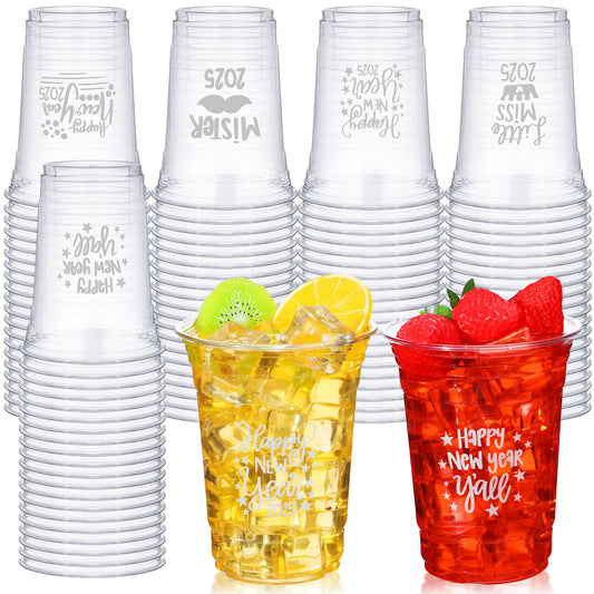 Tioncy 100 Pcs Happy New Year Disposable Cups 16 oz New Year Party Plastic Cups Bulk New Year Eve Party Supplies Clear Party Cups for Winter Holiday Drinks Party Supplies Decoration (Silver)