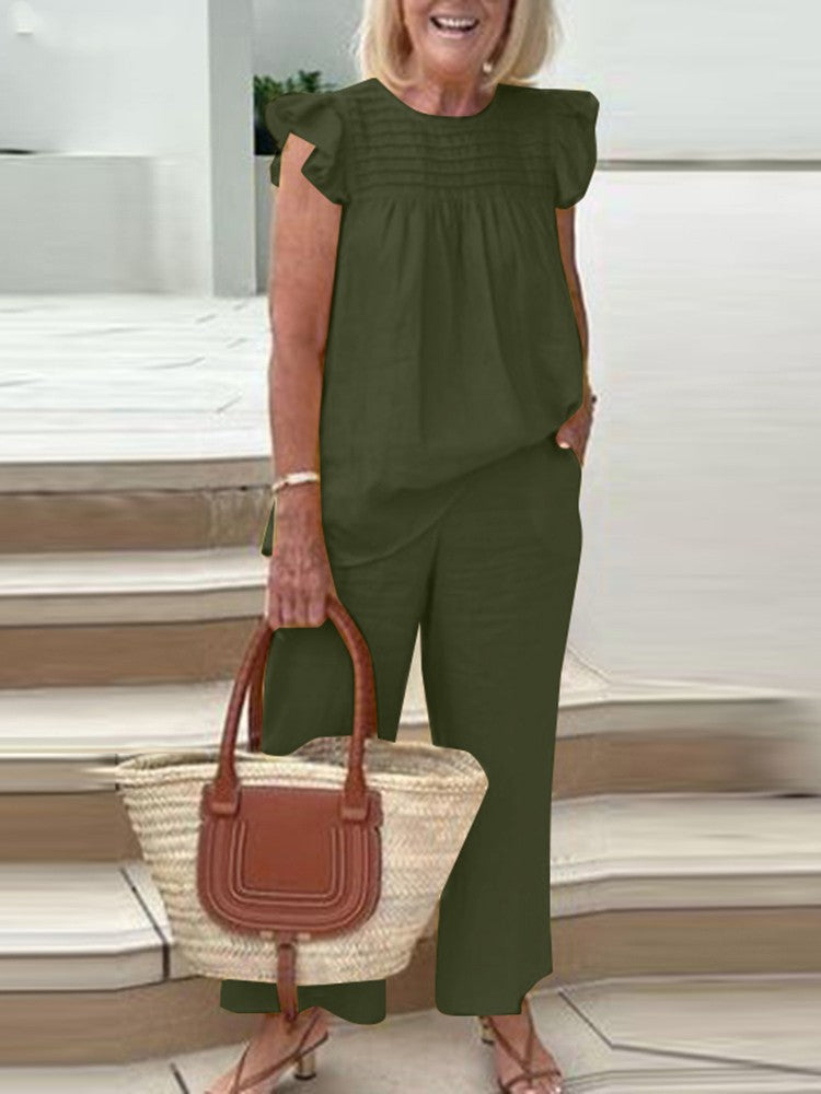 2023 Women's Casual Vintage Round Neck Shirt & Pants Set