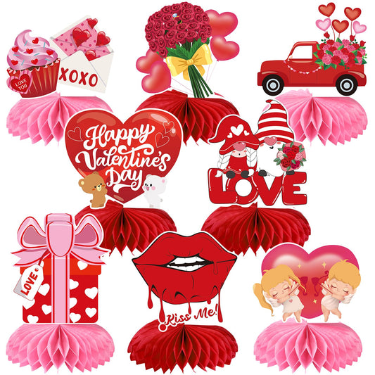 JULMELON Valentines Table Decorations Honeycomb Centerpiece 8pcs Valentines Day Centerpieces for Tables 3D Valentines Day Table Decor Heart Table Toppers for Valentines Party Decorations
