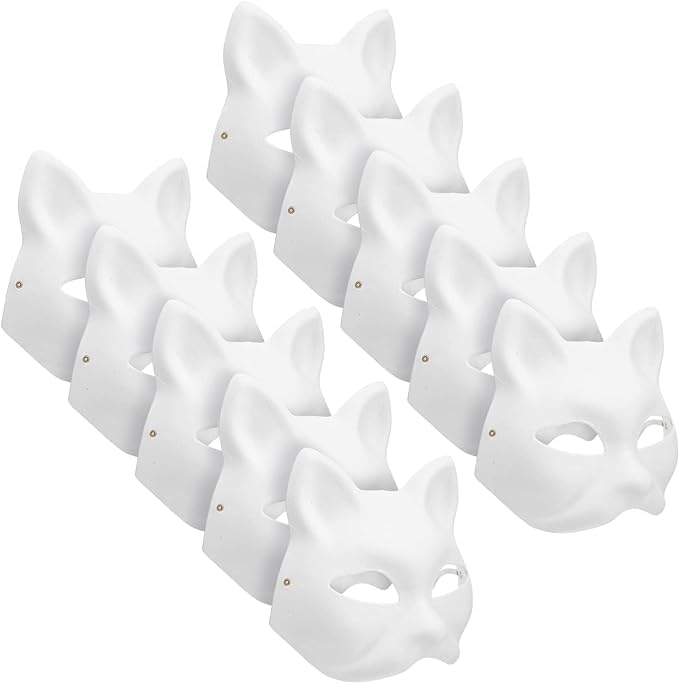 GAOMEIDA 10PCS Cat Mask DIY White Cat Painted Masks Half Blank Animal Cosplay Dress Up Mask Masquerade Cat Masks Halloween Mask Costume for Masquerade PropPartyCosplay