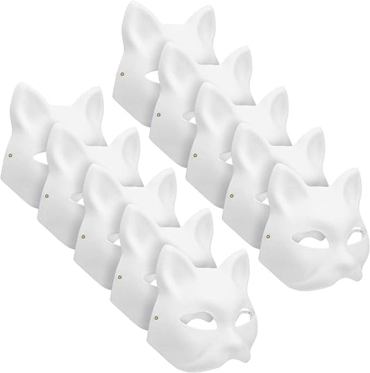 GAOMEIDA 10PCS Cat Mask DIY White Cat Painted Masks Half Blank Animal Cosplay Dress Up Mask Masquerade Cat Masks Halloween Mask Costume for Masquerade PropPartyCosplay