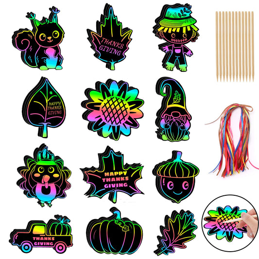 JULMELON 36Pcs Thanksgiving Arts and Crafts for Kids Fall Leaves Pumpkin Turkey Magic Rainbow Scratch Paper Art for Kids School Classroom Activity Autumn Harvest Thanksgiving Party Favors Gifts