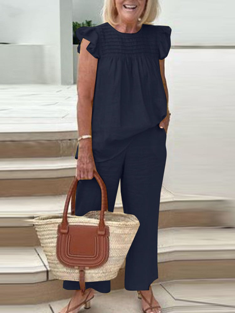 2023 Women's Casual Vintage Round Neck Shirt & Pants Set