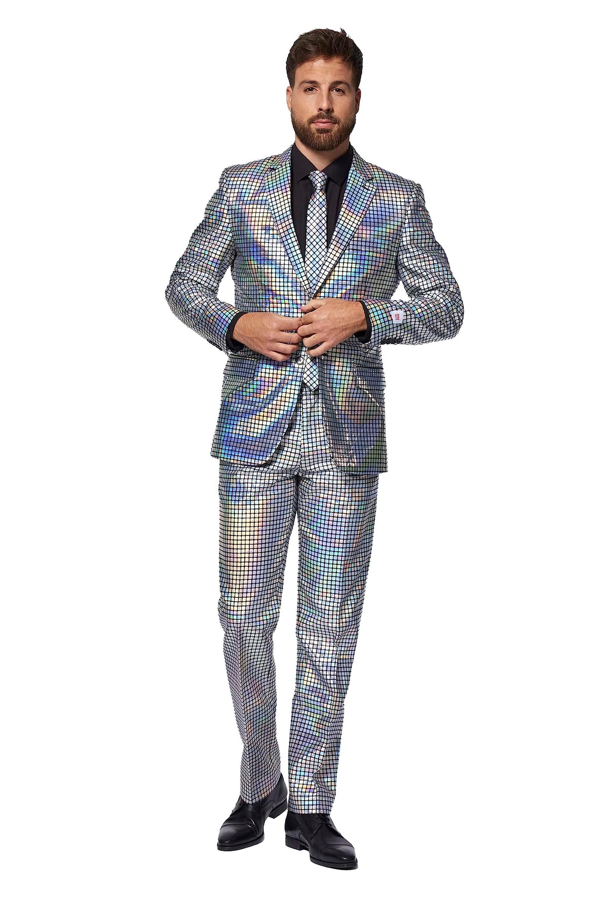 Opposuits Mens Silver Suit - New Years Eve Party Costume - Holographic Checkered Silver - Includes Matching Jacket Pants & Tie