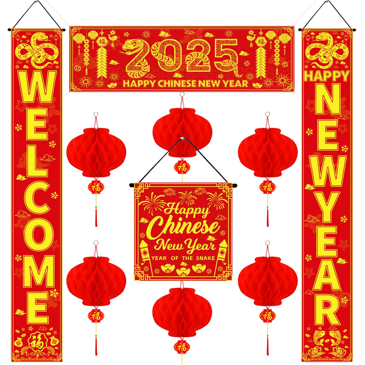 Chinese New Year Decorations 2025 Lunar New Year Decorations Includes New Year Porch Sign Red Lanterns New Year 2025 Banner Chinese New Year Spring Festival Party Supplies