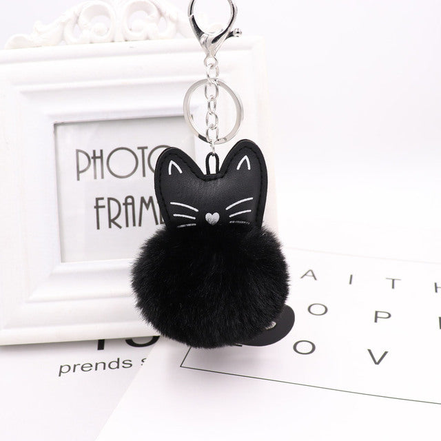 Cute Black Kitten Keychain with Rabbit Hairball Pendant