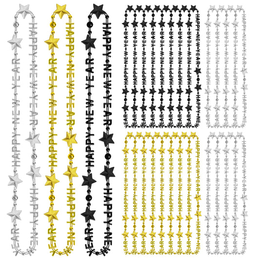 100PCS New Years Necklaces New Years Eve Black Gold Silver Bead Necklace 3 Kinds of HAPPY NEW YEAR Bead Necklace Bulk New Years Eve Party Supplies 2025 Beads Necklace Accessories