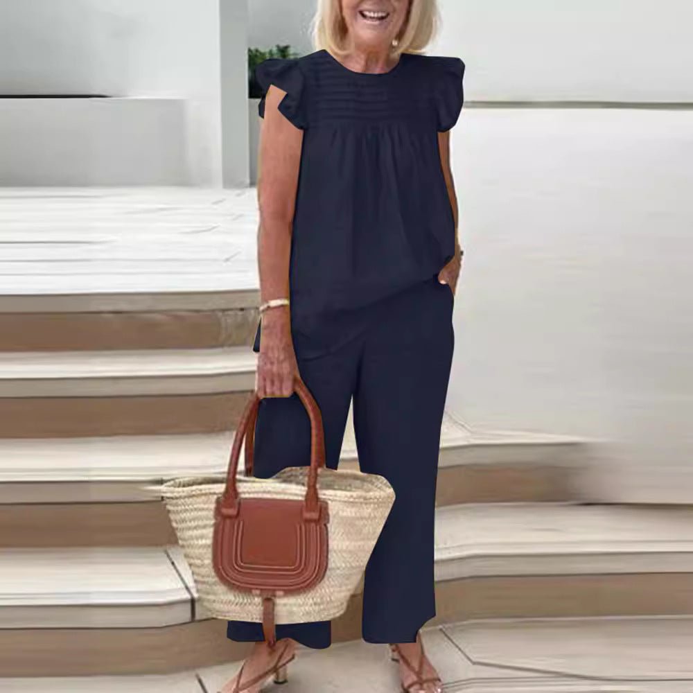 2023 Women's Casual Vintage Round Neck Shirt & Pants Set