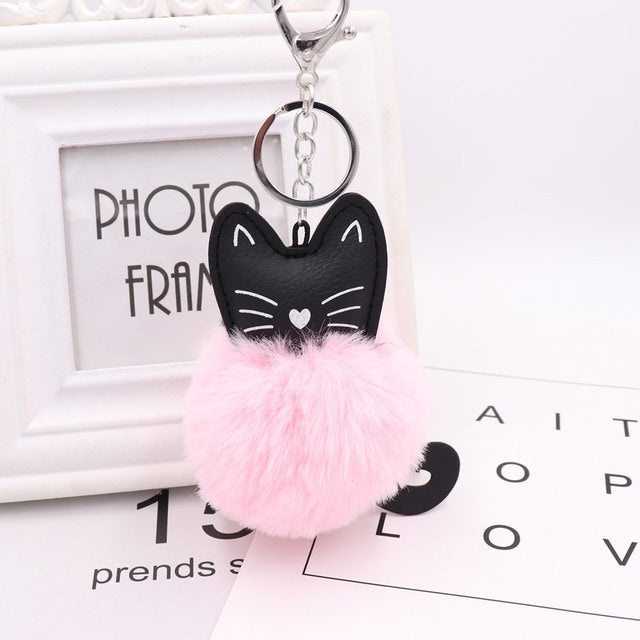 Cute Black Kitten Keychain with Rabbit Hairball Pendant
