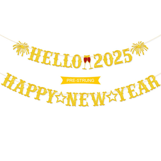 Stcomart Pre-Strung Glitter Hello 2025 Happy New Year Banner for New Years Decorations 2025 New Years Eve Party SuppliesGold