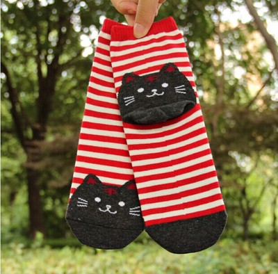 3D Cat Striped Cotton Socks - Cute Cat Design