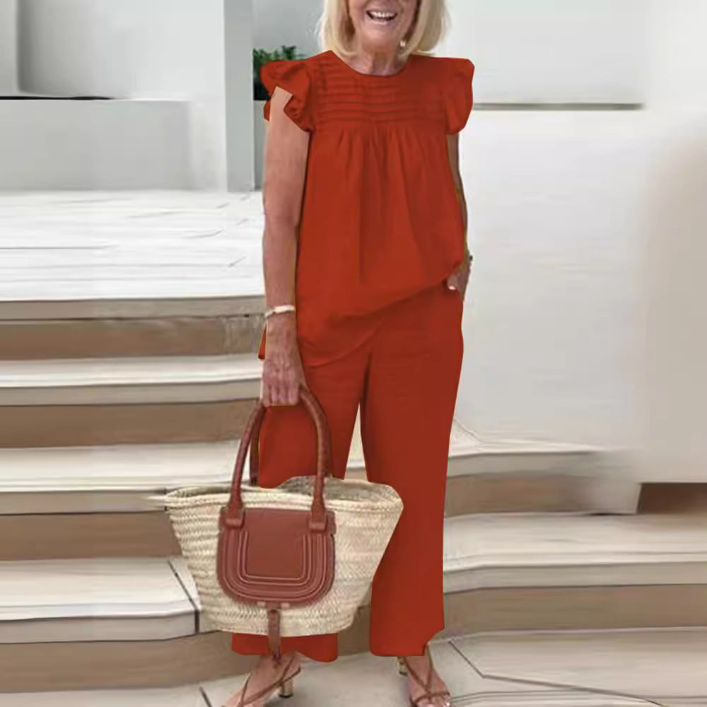 2023 Women's Casual Vintage Round Neck Shirt & Pants Set