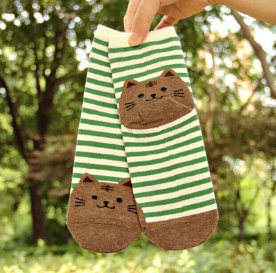 3D Cat Striped Cotton Socks - Cute Cat Design
