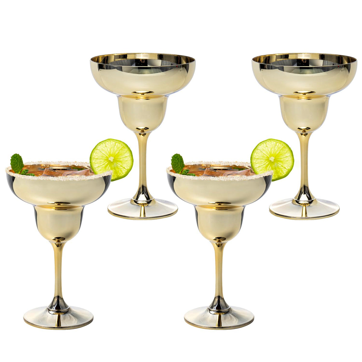 MyGift 10 oz Margarita Glasses with Modern Brass Tone Plated Finish Cocktail Drinkware Stemware for Holiday NYE Party Wedding Restaurant Set of 4