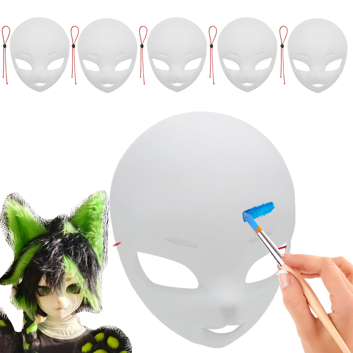 Liokoon 5PCS Furry Mask Therian Mask to Paint Plastic Mask DIY Fursuit Head Base Costume Props Fun Gifts for Halloween Party Favor Masquerade Cosplay