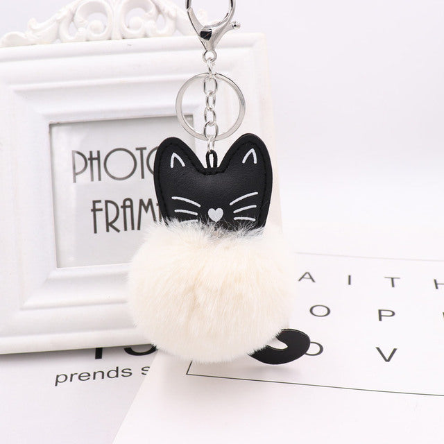 Cute Black Kitten Keychain with Rabbit Hairball Pendant